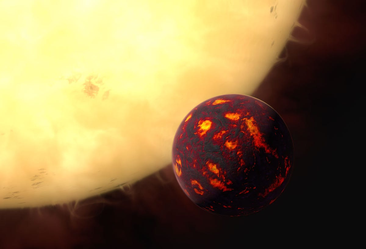 Super-Earth 55 Cancri e crossing in front of its parent star.
