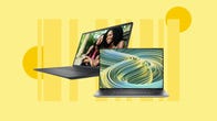 Two Dell laptops, the Inspiron 15 and XPS 15, are displayed against a yellow background.