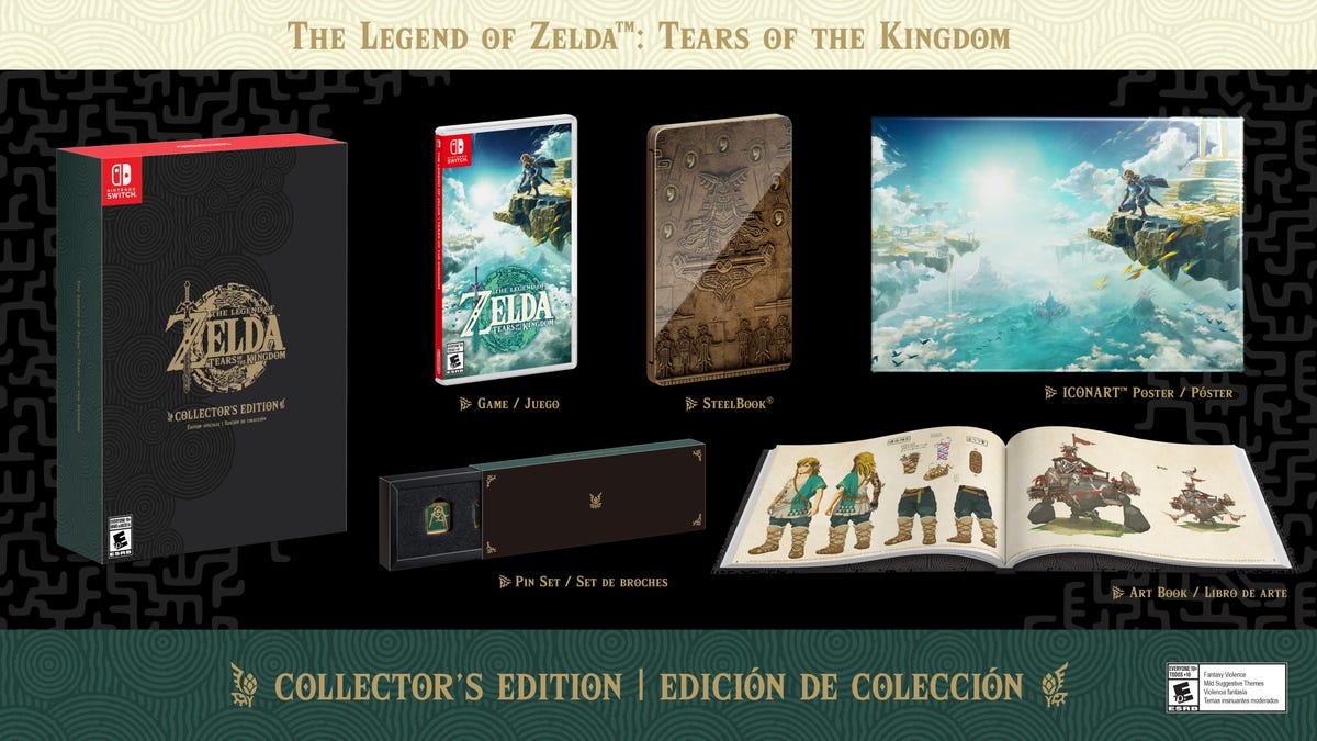 The big box, normal case, SteelBook case, box of pins, artbook and steel poster from The Legend of Zelda: Tears of the Kingdom collector's edition