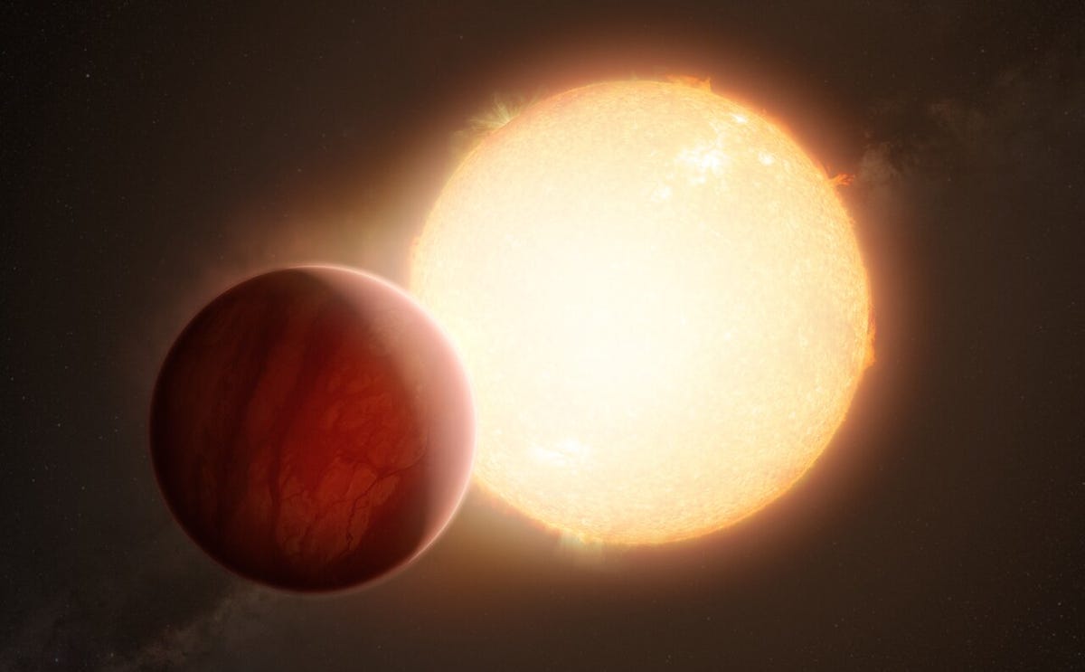 A bright yellow sun is seen glowing in the center of the image. In the foreground, there's a reddish planet.