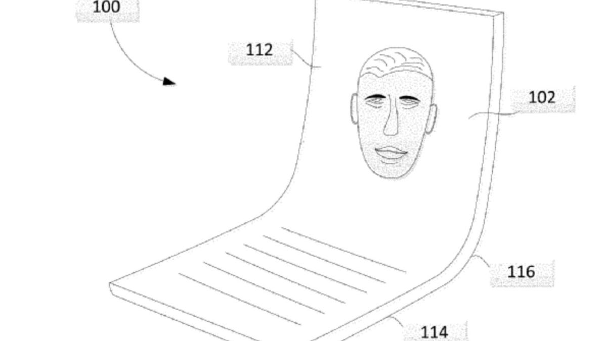 Patent drawing of a screen bending up with a face on it