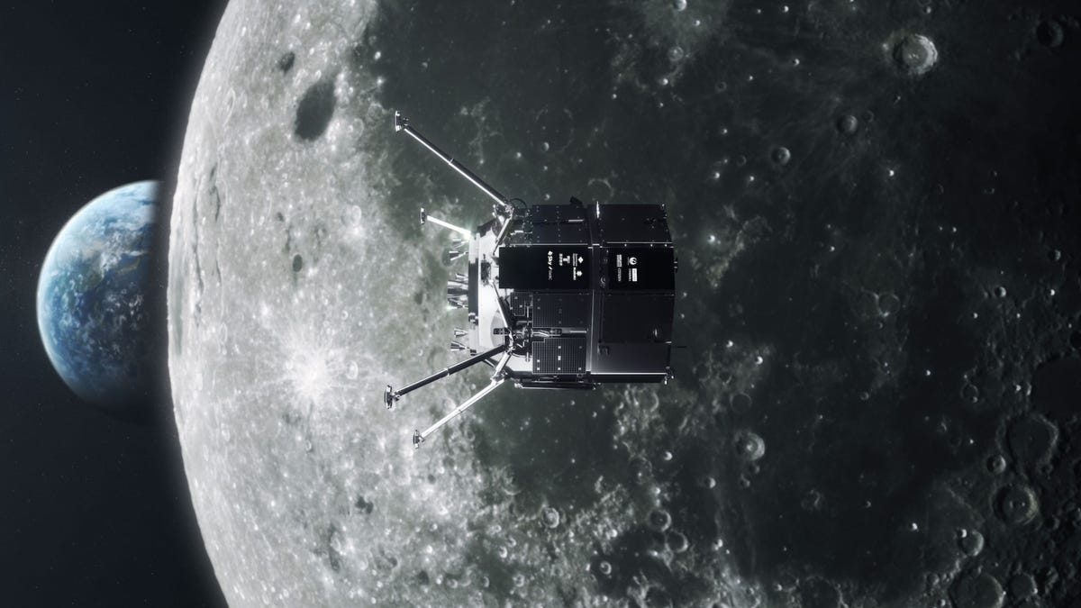 An illustration of the Hakuto R M-1 lander in orbit around the moon