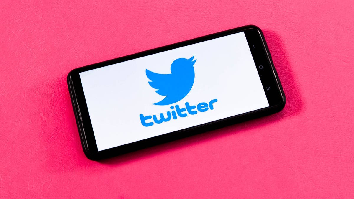 Blue Twitter logo with bird displayed on phone against a pink background