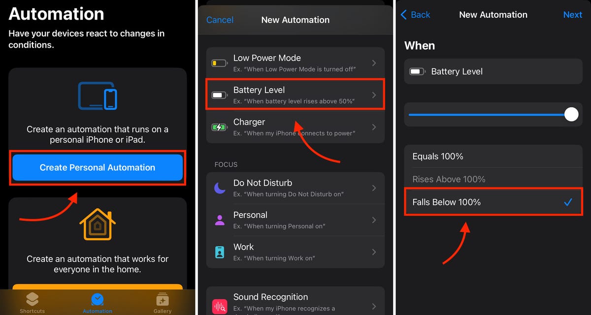 3 iPhone screenshots showing how to make a personal automation in Shortcuts