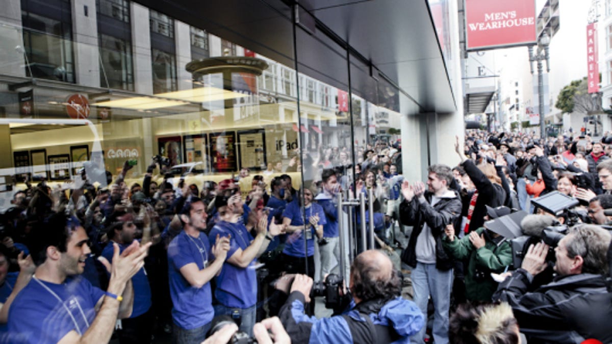 The scene just before sales for the first iPad kicked off last April at Apple's flagship store in San Francisco.