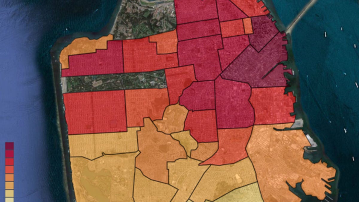 A map showing Uber usage in San Francisco. Darker red means more trips.
