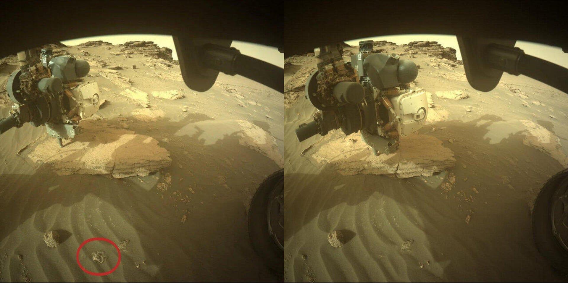 Two views of Mars seen by Perseverance. A string-like object is see in one and missing in the other.