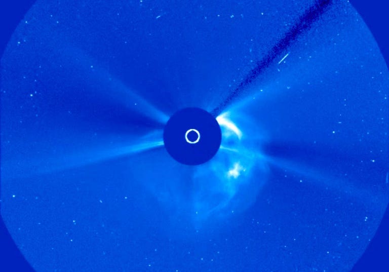 NASA's Solar and Heliospheric Observatory satellite captured this image of the sun burping up a huge coronal mass ejection on Monday.
