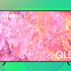 The Samsung 85-inch Q60C QLED 4K Tizen TV is displayed against a gradient green background.