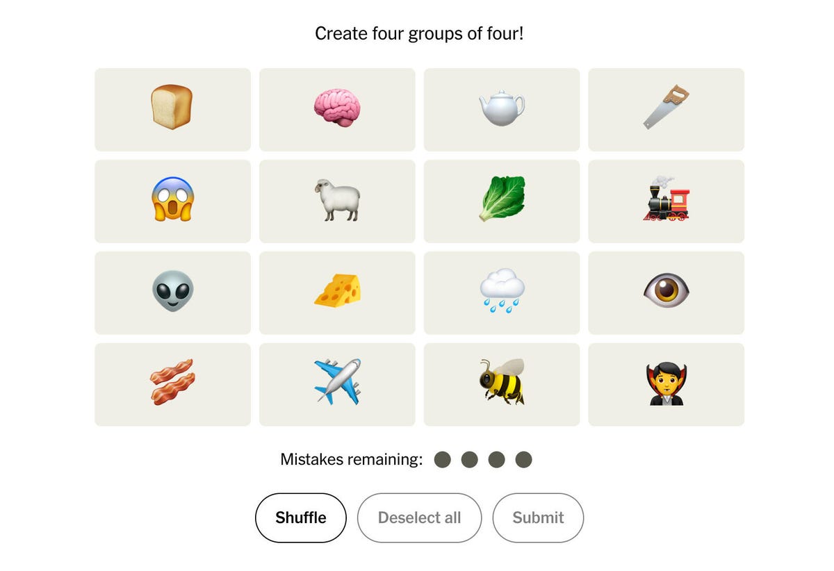 Cuadrícula del juego Connections con emoji para el Día de los Inocentes