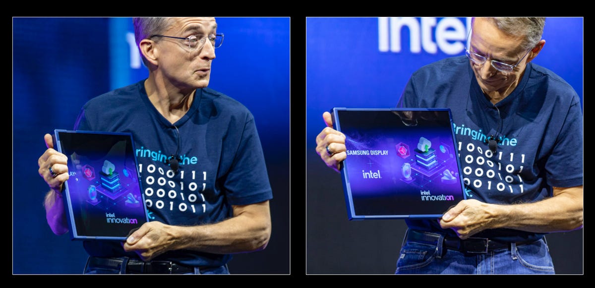 Intel CEO Pat Gelsinger demonstrates how a 'scrollable' PC screen can expand from 13 inches diagonal to 17 inches diagonal