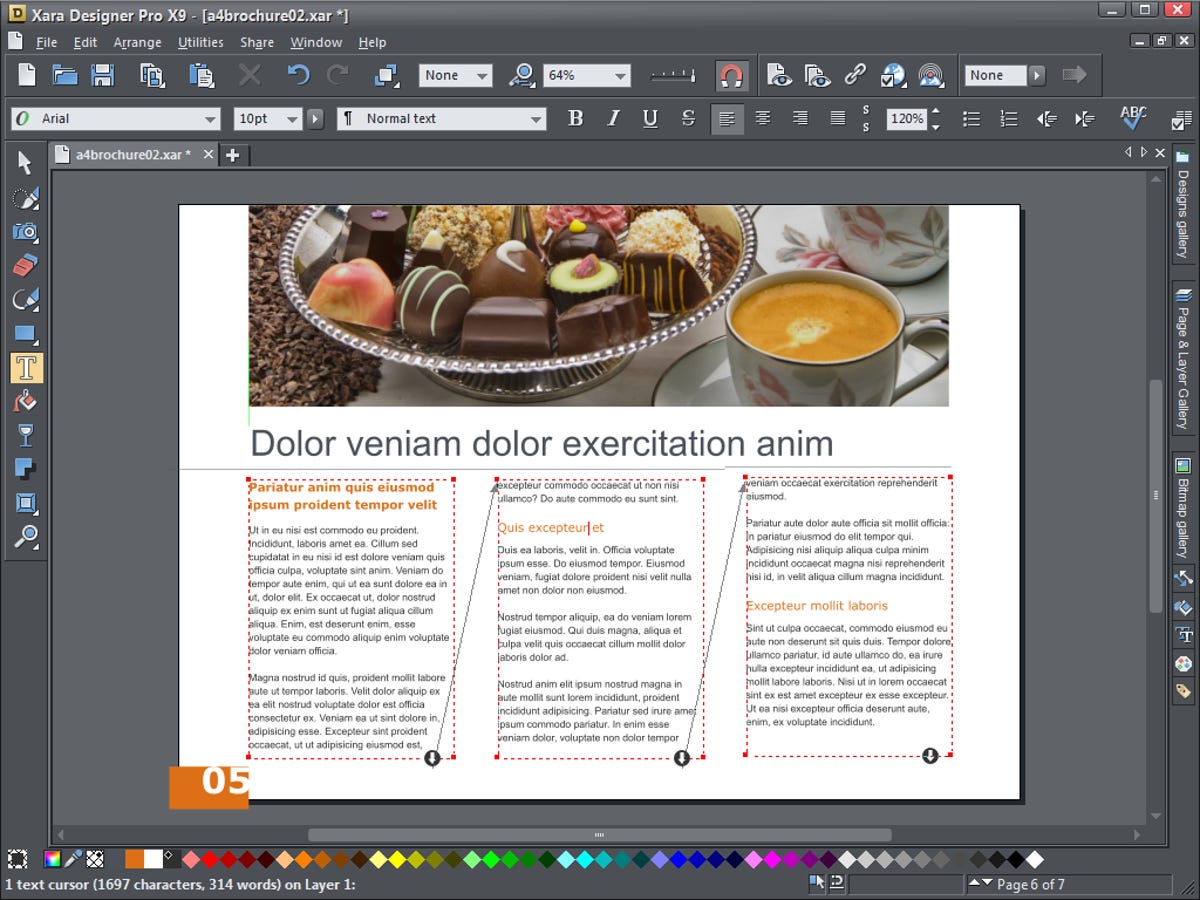 Text can be set to flow from one text box to another with Xara Design Pro X9's updated layout tools.