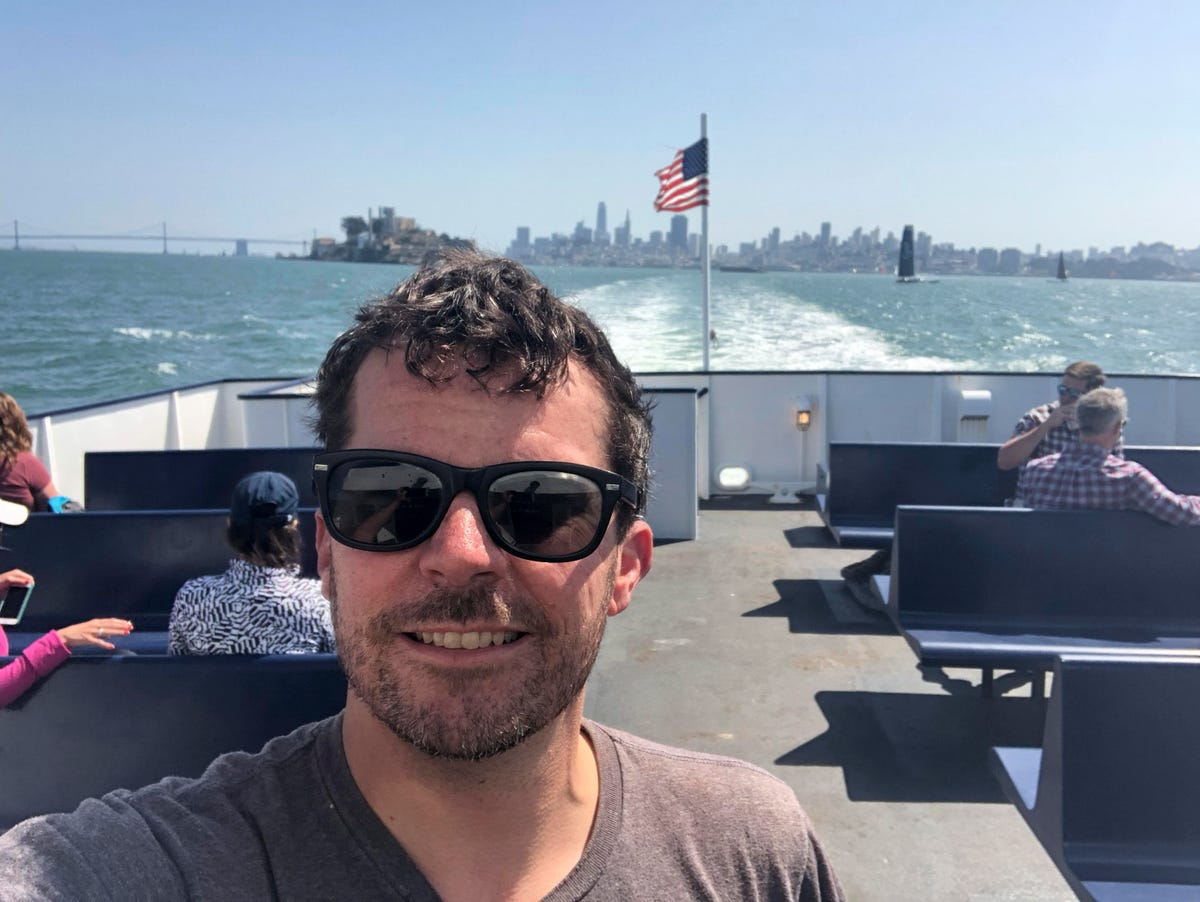 A selfie taken taken with the iPhone's front-facing camera aboard the ferry to Angel Island State Park.