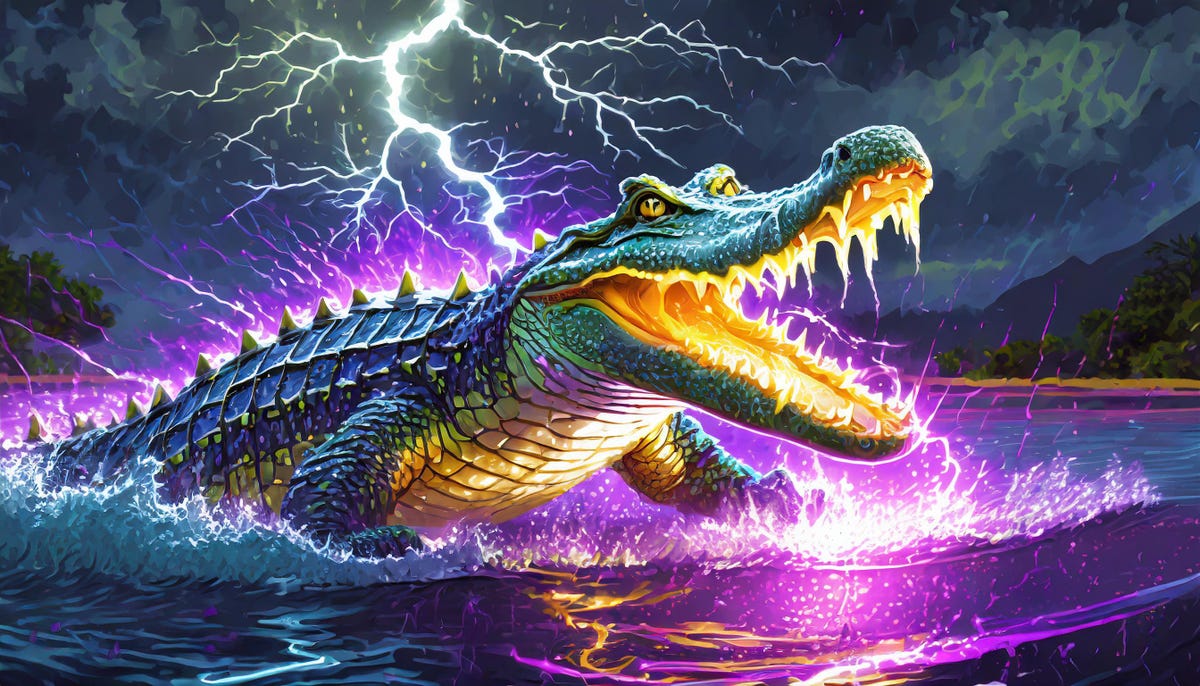 An AI-generated image of a crocodile with fierce teeth leaping out of some water as lightning strikes