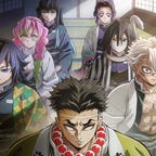 six animated characters sit in line behind sensei in dojo