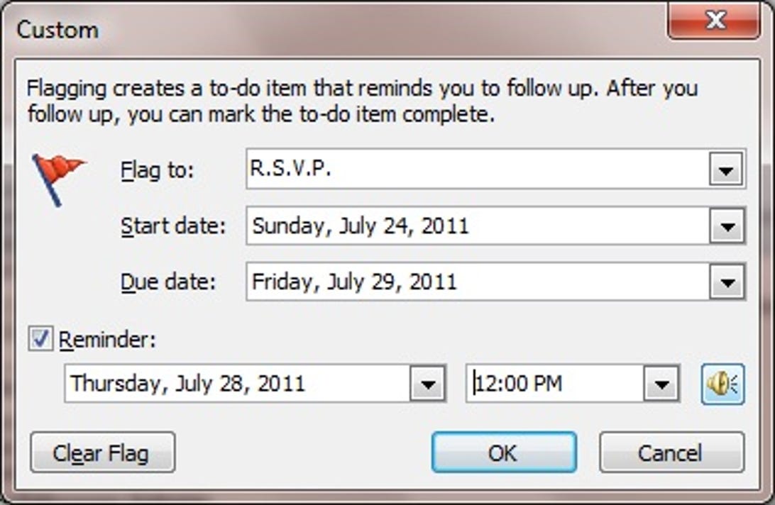 Microsoft Outlook Flagging dialog box