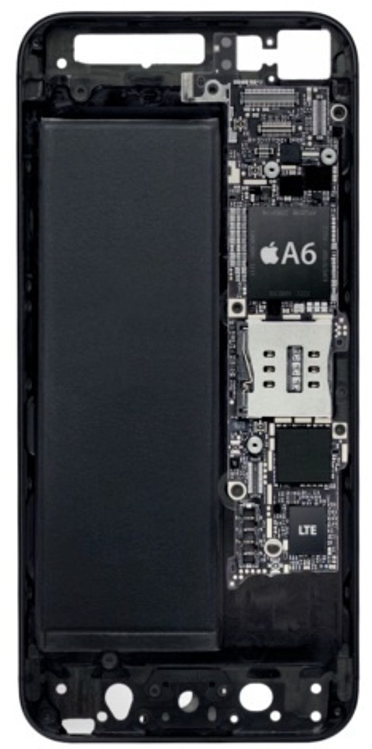 The Apple A6 chip.  The combo CDMA-LTE Qualcomm chip is at bottom.