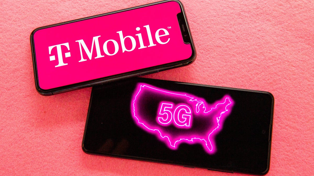 Two phones, one with a T-Mobile logo and another with a 5G logo in an outline of the contiguous United States. 