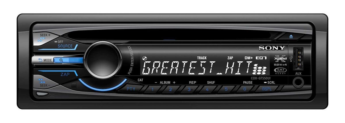 The midtier Sony CDX-GT550UI features a front USB port and iPod-iPhone connectivity.