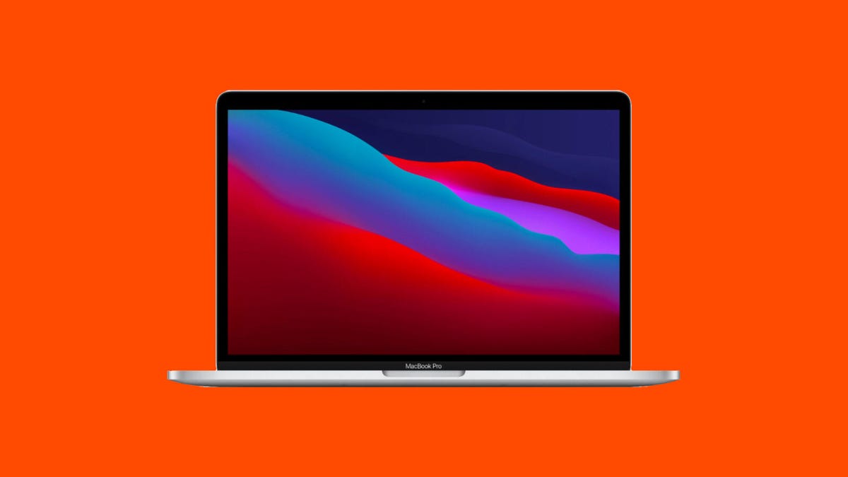 2020 M1 MacBook Pro laptop open showing desktop wallpaper