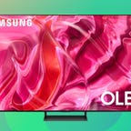 The Samsung 65-inch S90C OLED 4K Tizen TV is displayed against a gradient green background.