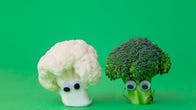 Cauliflower and broccoli with goggly eyes