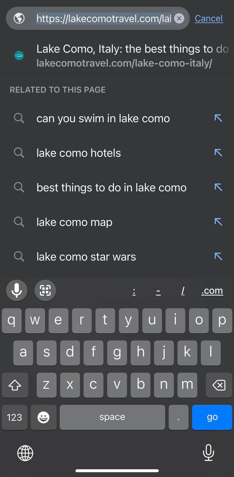 Chrome's suggestions for other searches related to a webpage with suggestions for what to do in Lake Como