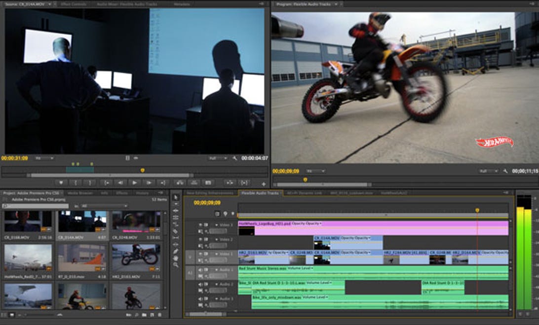 Premiere Pro CS6 gets a streamlined interface and a retooled panel at lower left for organizing and trimming video clips.