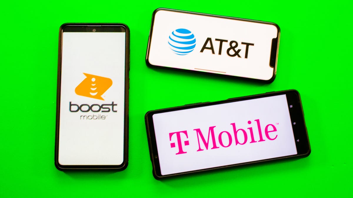 Boost Mobile, AT&T and T-Mobile logos on phones. 