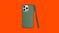 A green iPhone 14 case against an orange background.