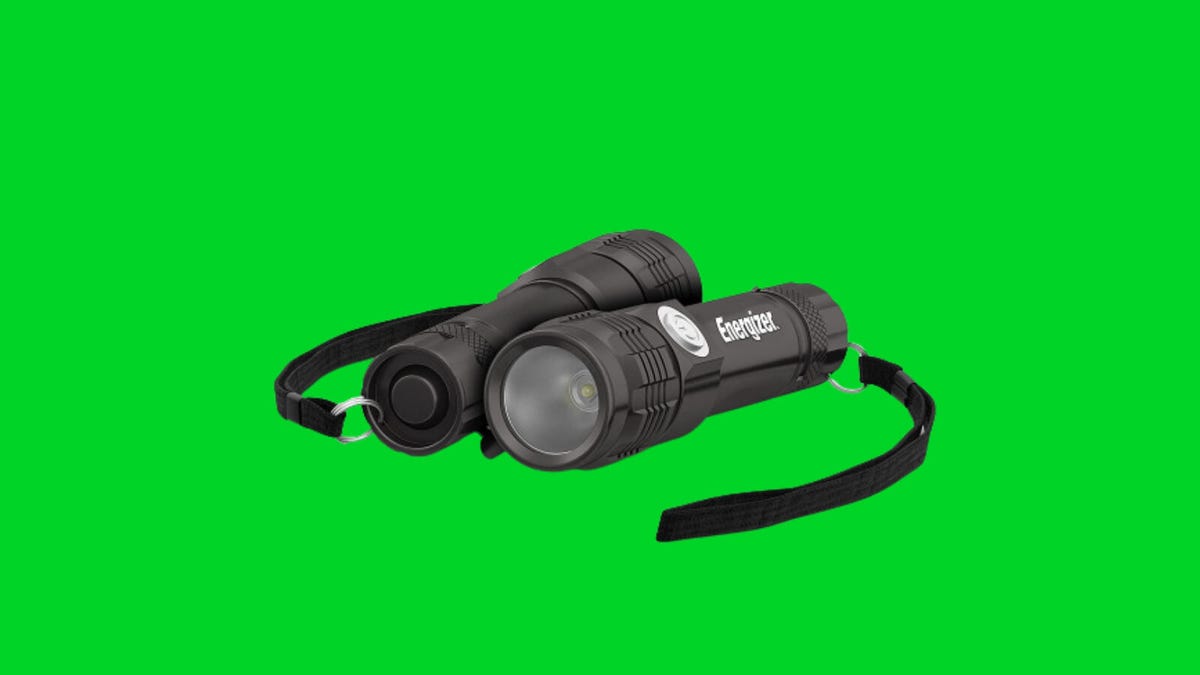 A pair of black Energizer flashlights against a green background.