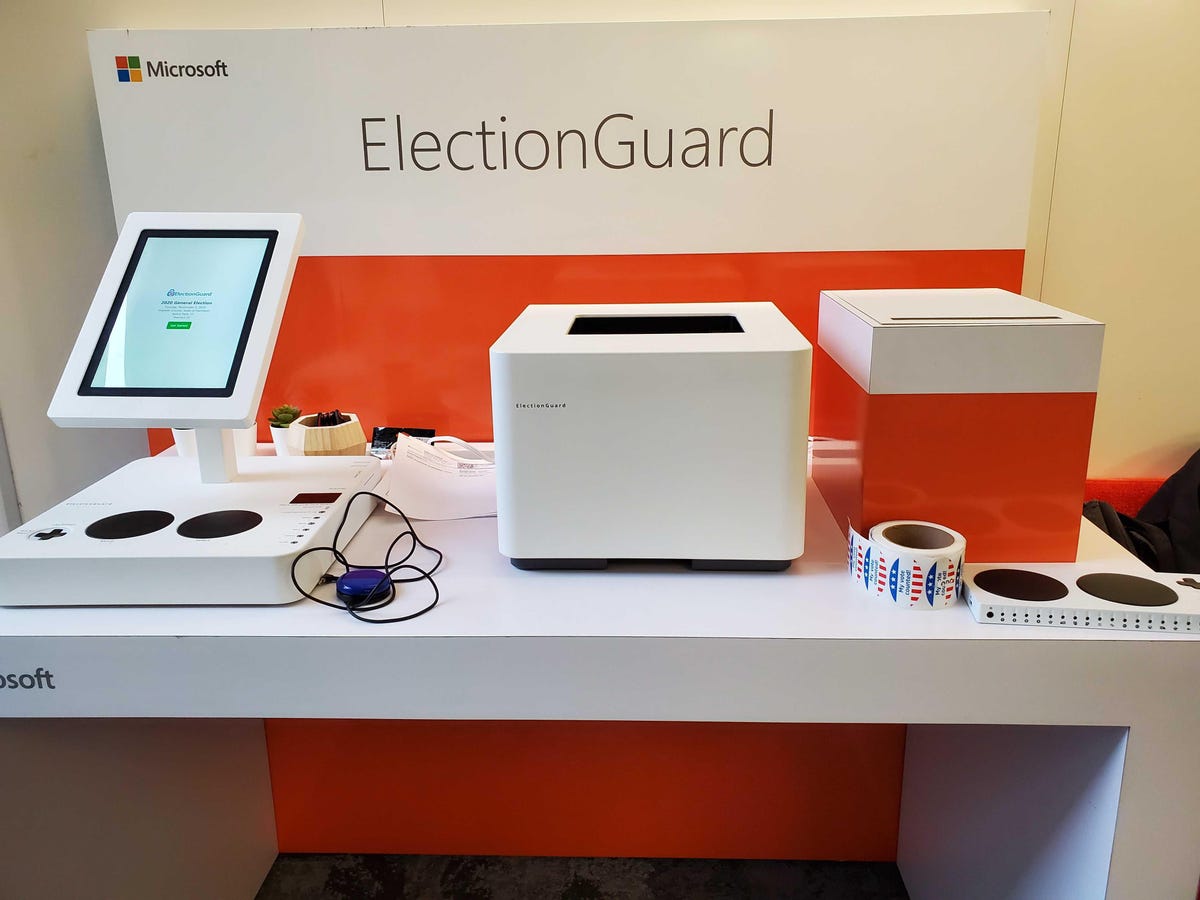 ElectionGuard voting touchscreen, plus printer and ballot box