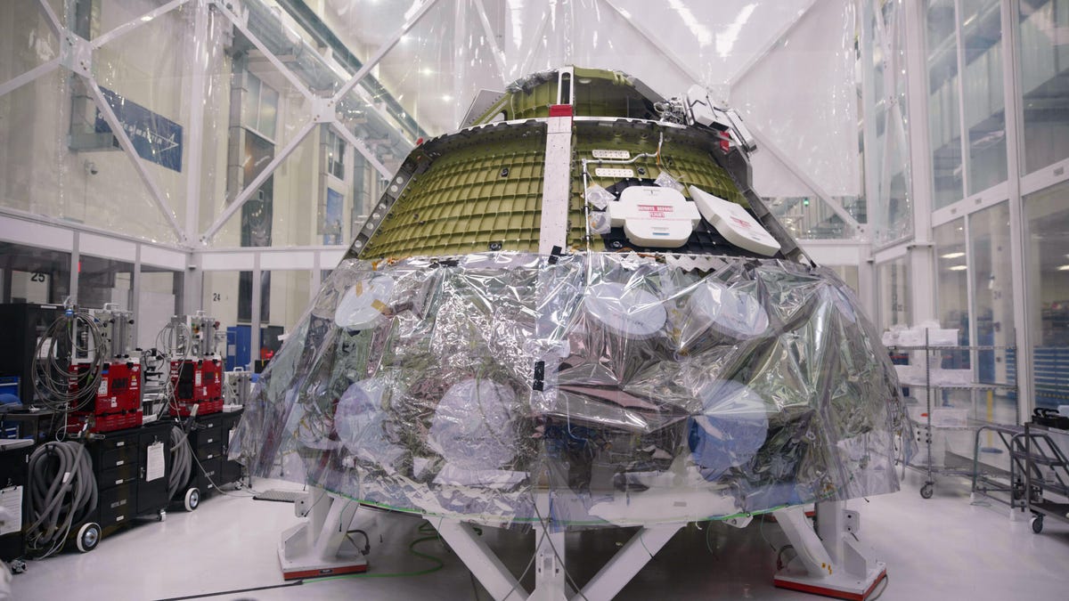 The Orion crew capsule sits inside a clean room at the Kennedy Space Center in Florida.