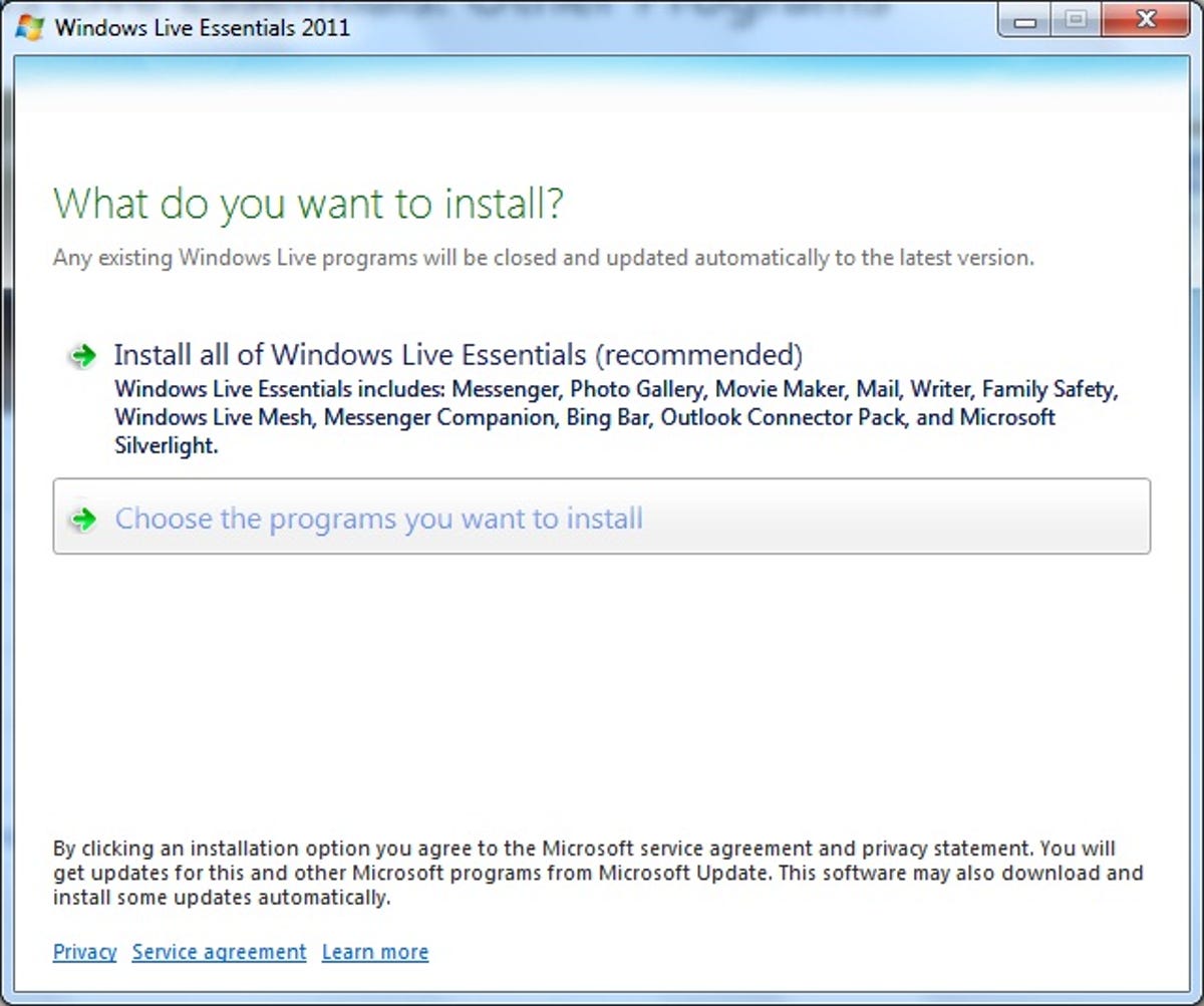 Windows Live Essentials installation options