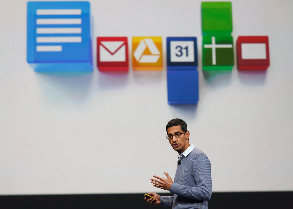 Sundar Pichai, Google's senior vice president in charge of Chrome and Apps, speaking at Google I/O.