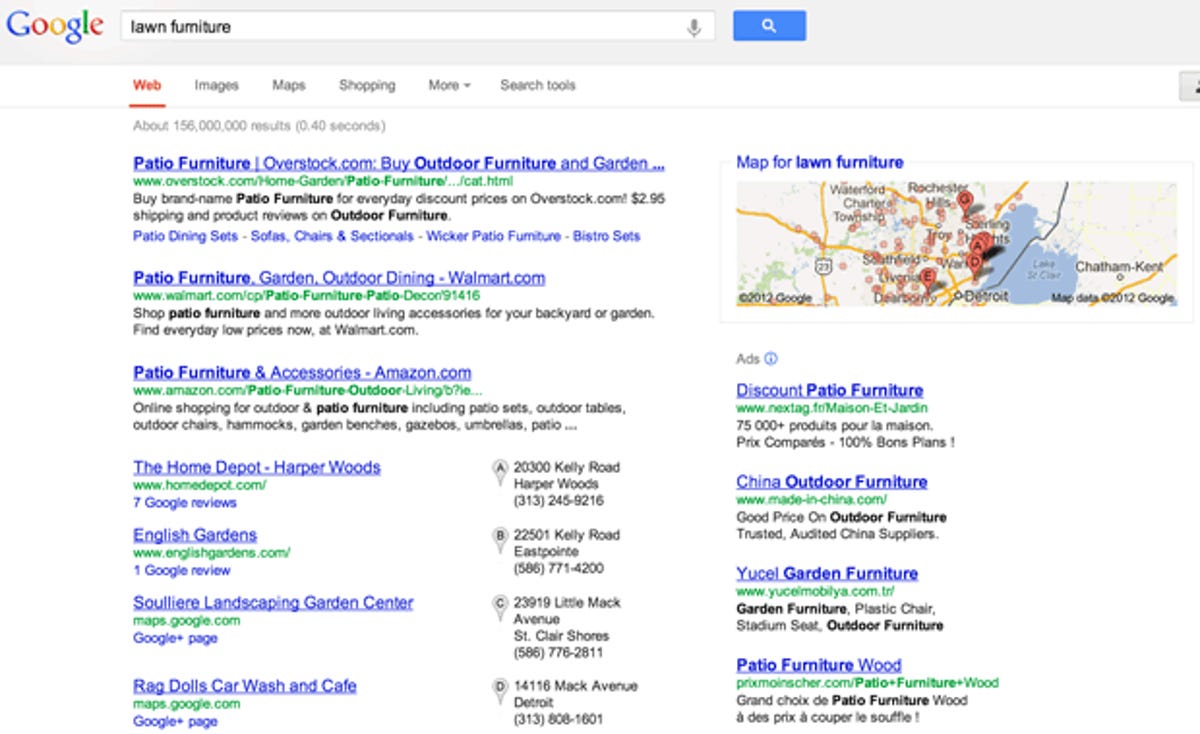 A Google search for lawn furniture shows a blend of local results supplied by Google, including Google Maps locations, some links to Google+ pages, and some Google-hosted customer reviews. On the right edge below the map are search ads from companies including comparison-shopping site Nextag, which objects to Google's treatment in regular search results.