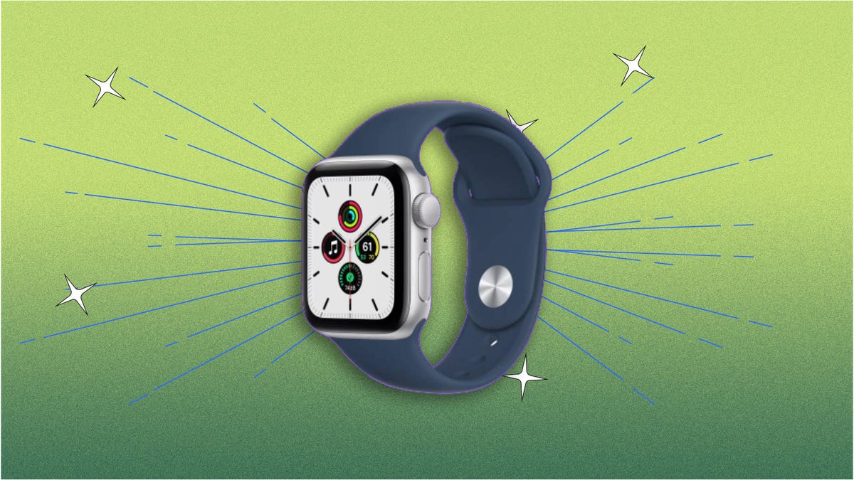 A 2020 Apple Watch SE against a purple background.