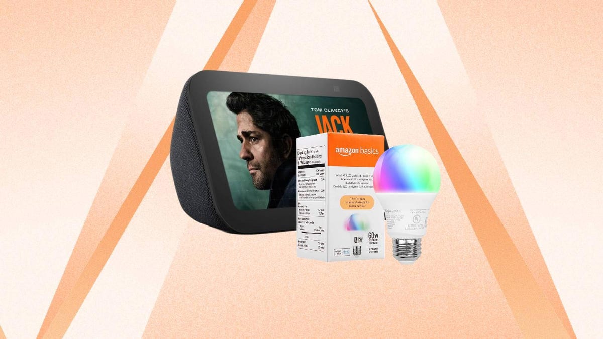 An Echo Show 5 smart display and color-changing Amazon smart bulb against an orange background.
