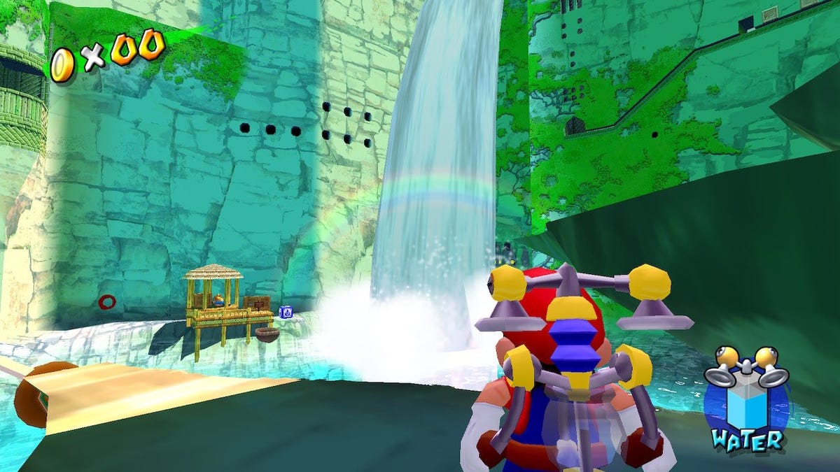 Mario looking at a waterfall