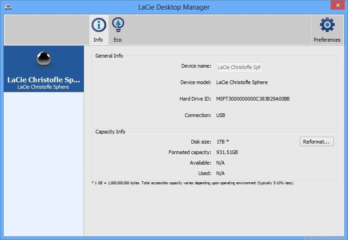 LaCie Desktop Manager displays the drive's status and manages its Eco Mode.