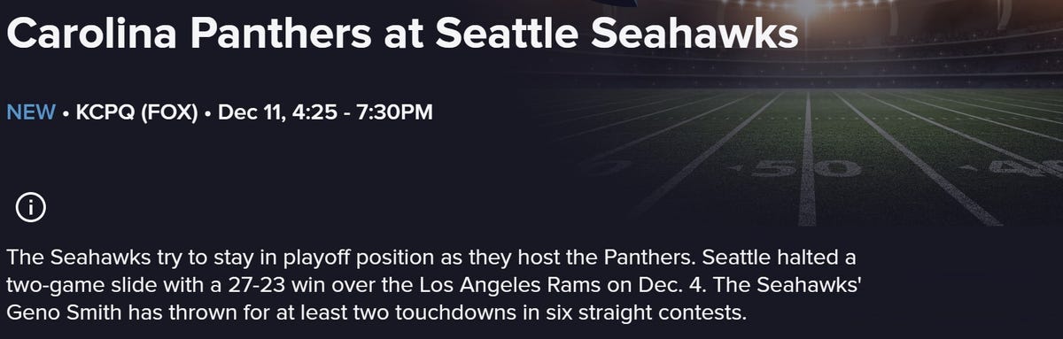 A TV program guide listing for the Panthers vs. Seahawks game on Fox.