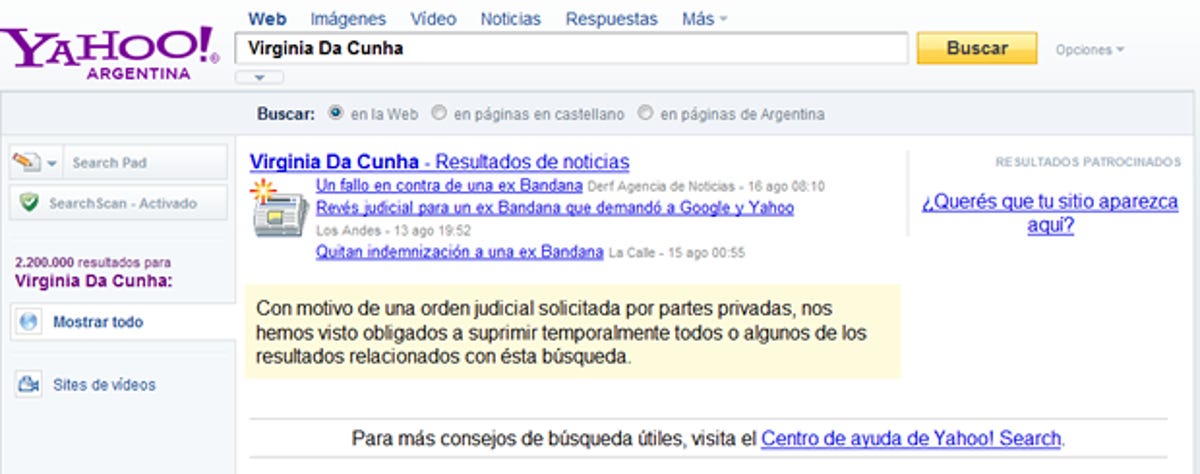 Yahoo Argentina search results for Virginia Da Cunha show only news stories with a notice that the results have been filtered.