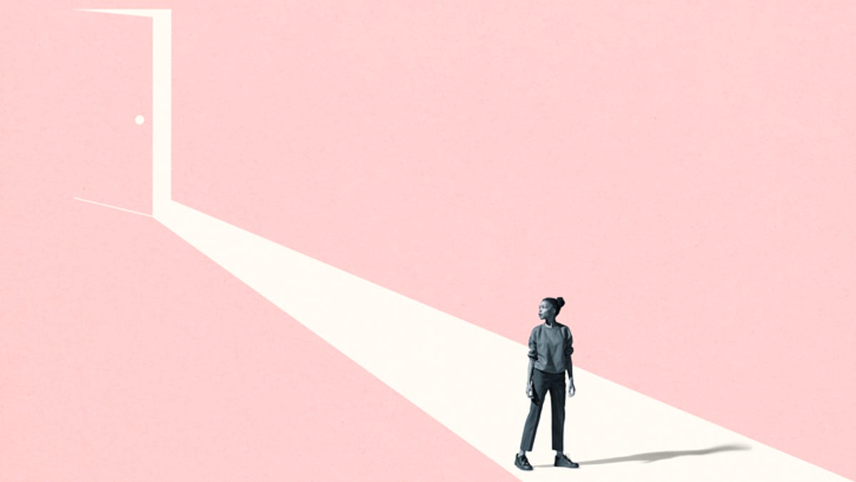 Illustration of a woman standing in the light beam of an open door with a pink background.