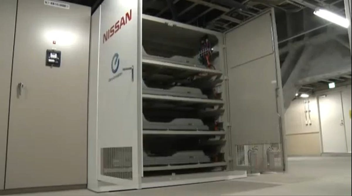 Five 24 kWh lithium ion batteries from old Nissan Leafs store electricity for Nissan's test solar powered electric vehicle charging stations.