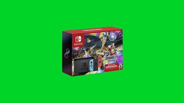 A Nintendo Switch with a digital copy of Mario Kart 8 Deluxe and an Online membership is displayed against a green background.