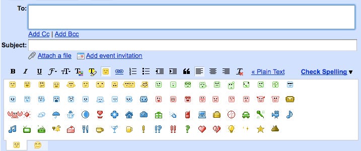 Emoticons have been available on Google Chat for quite some time, but this is the first time they've made an appearance on Gmail. All the emoticons made available in this release that weren't already offered on Google Chat have been added.