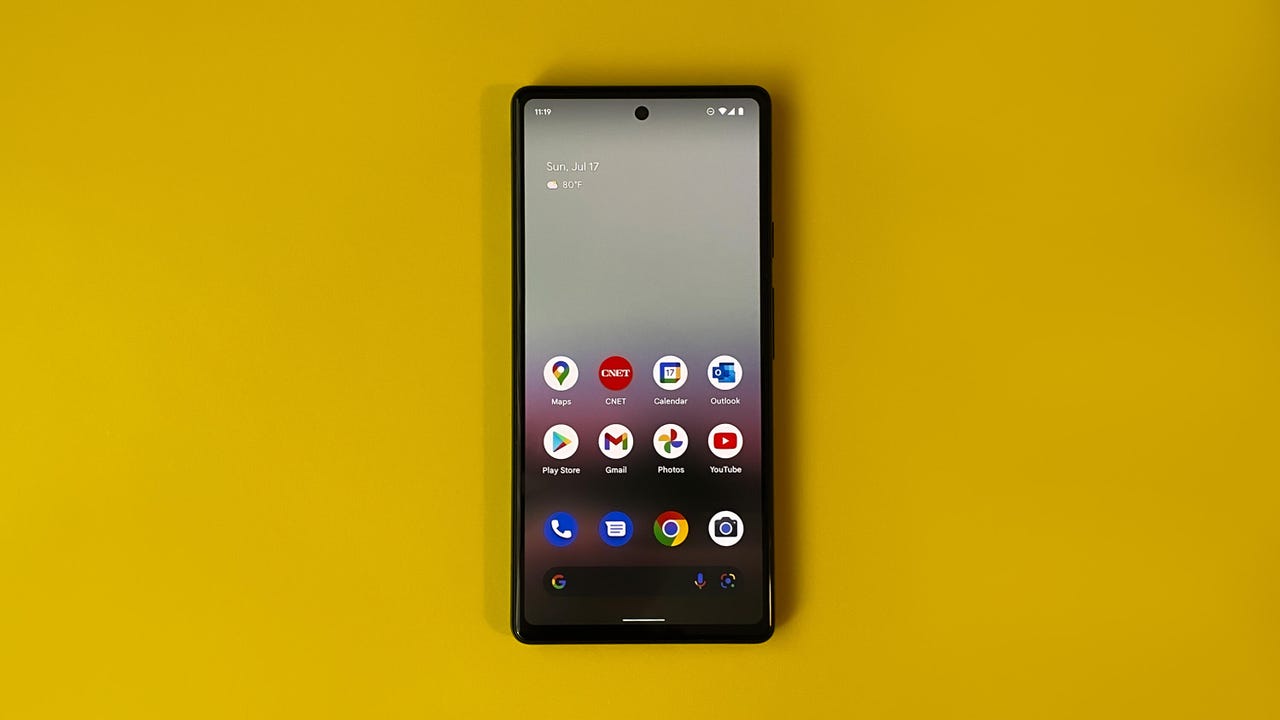 Google's Pixel 6A phone with app icons on the home screen