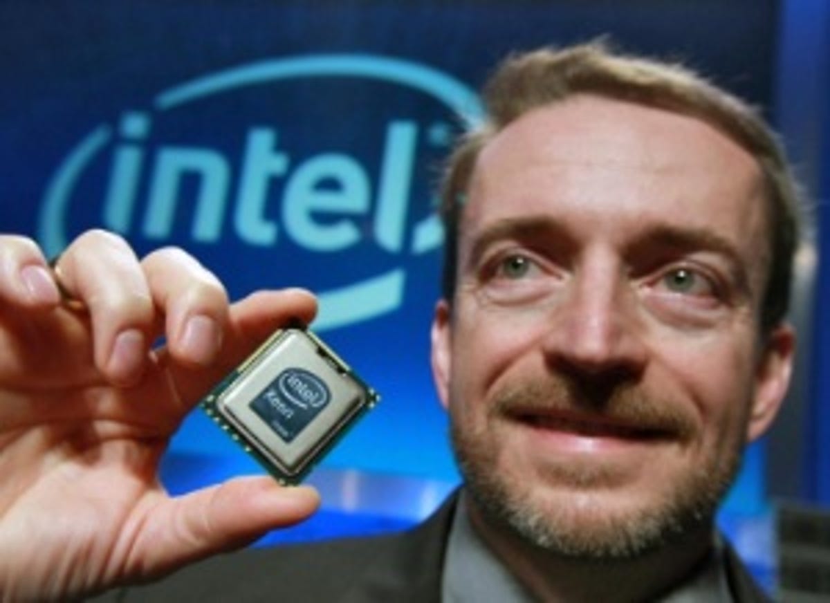 Intel senior vice president Pat Gelsinger holds a new Xeon chip