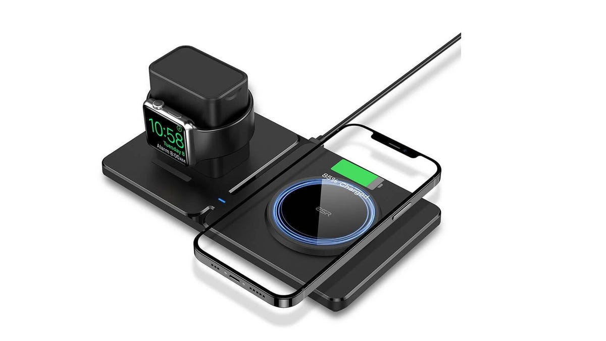 ESR 2-in-1 charging dock with a phone and smartwatch against a plain white background.