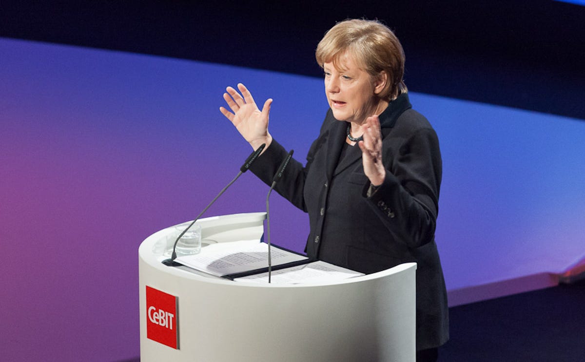 German Chancellor Angela Merkel speaking at CeBIT's opening ceremonies.